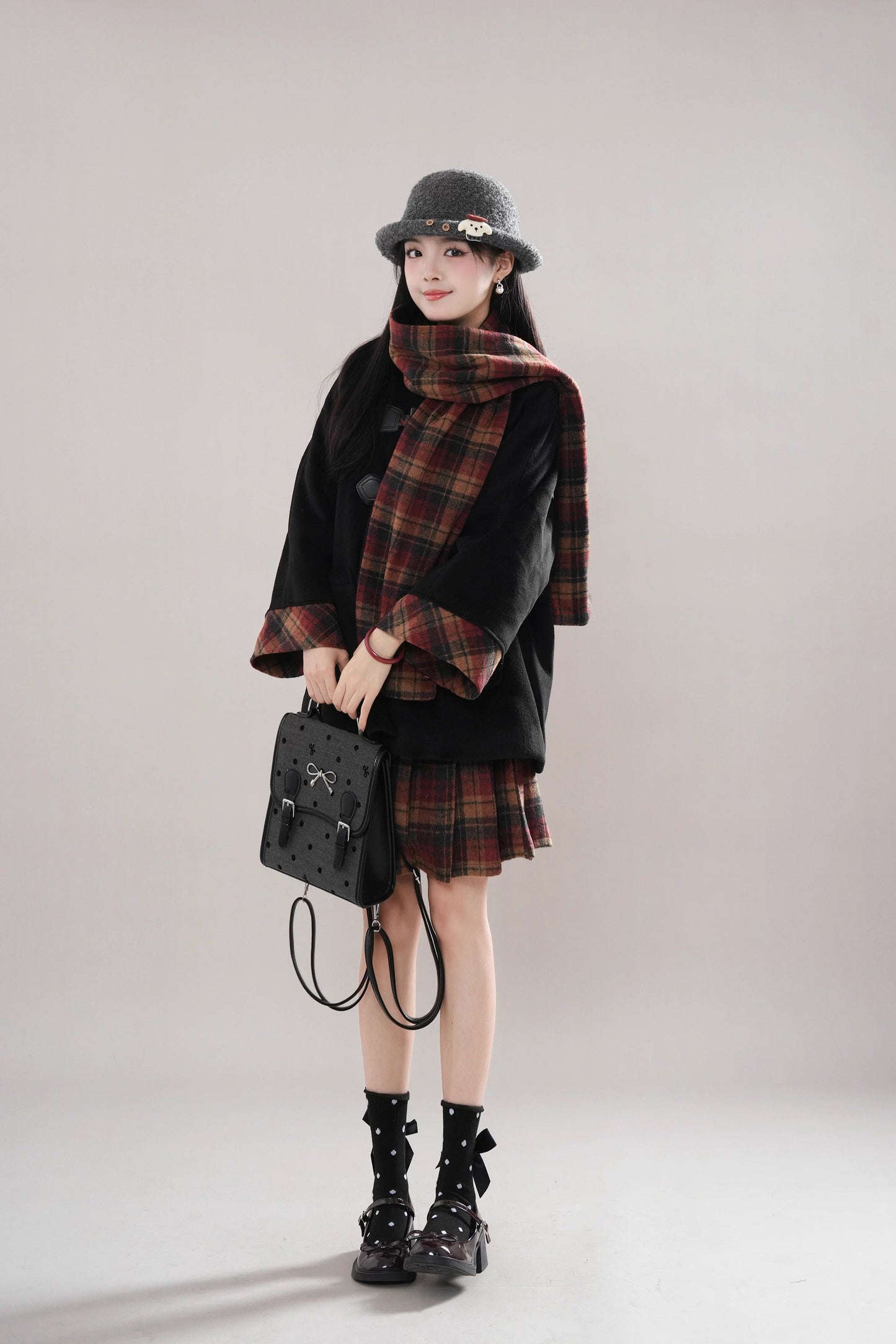 Bookshop Plaid Toggle Jacket & Skirt Set (Black)