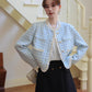 Gingham Lace Trim Tweed Jacket (Blue)