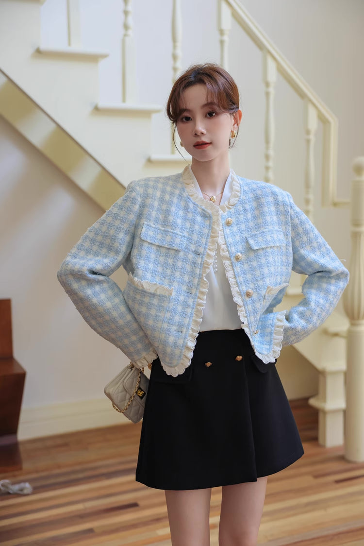 Gingham Lace Trim Tweed Jacket (Blue)