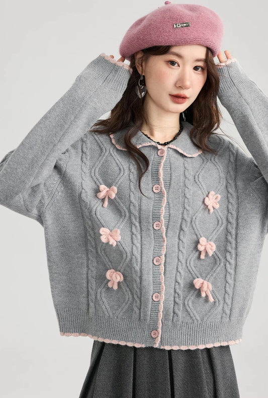 Braided Knit Bows Cardigan (Gray)