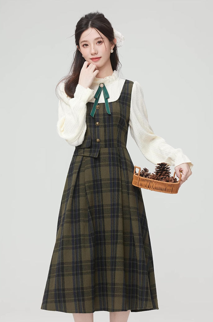 Cabin Plaid Twofer Midi Dress (Olive)