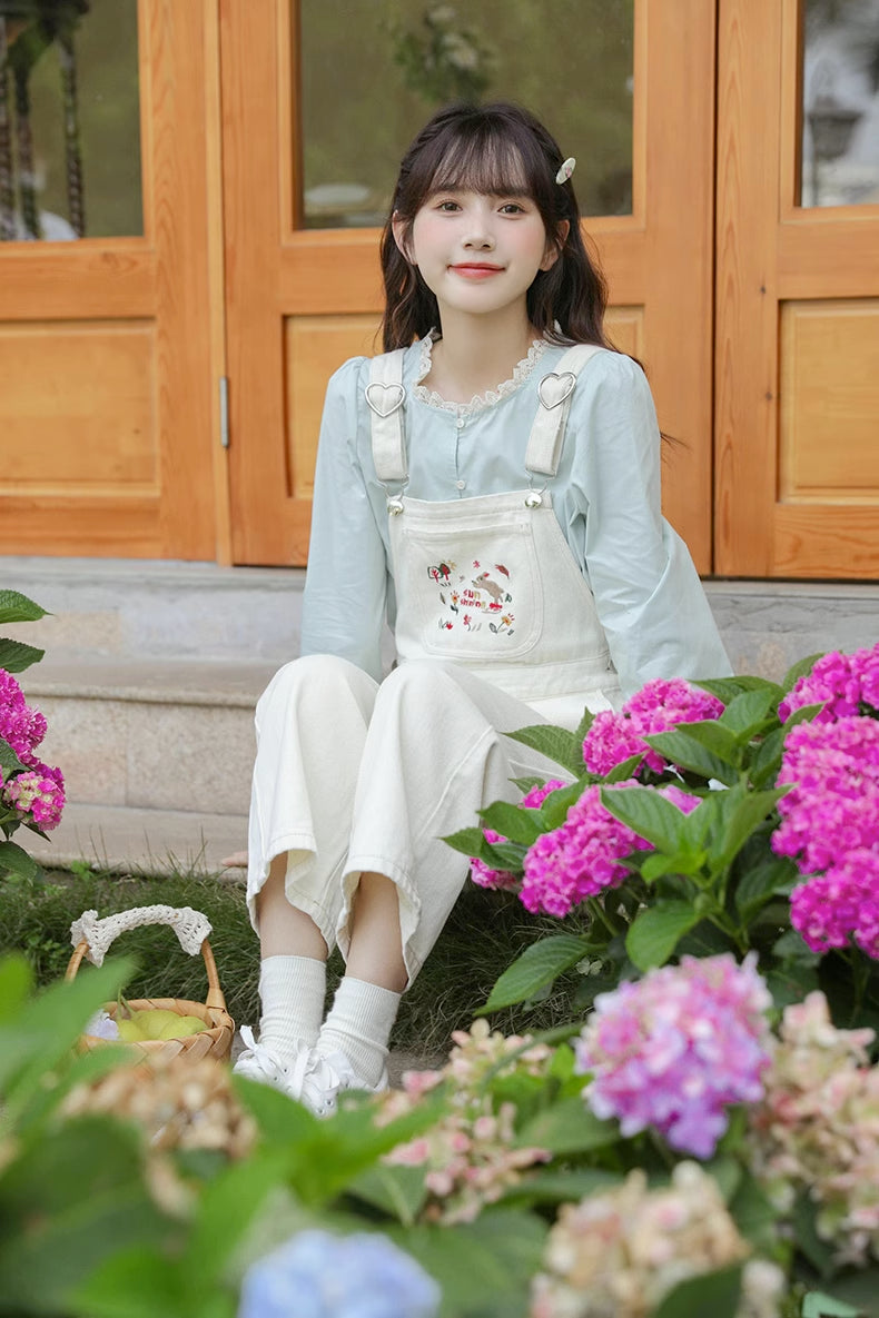 Sun Shining Embroidered Overalls (White)