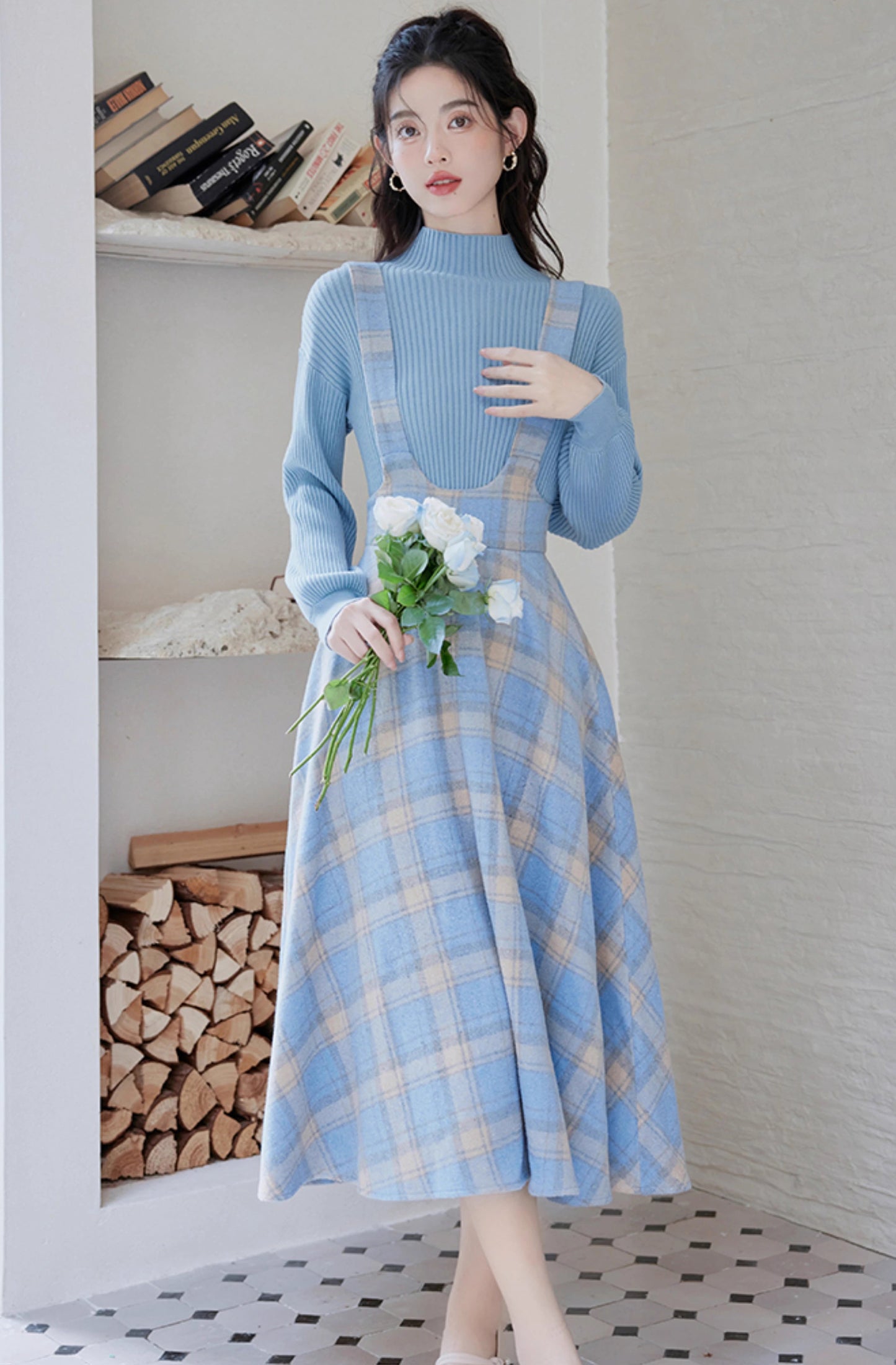 Frozen Sweater & Suspender Skirt Set (Blue/White)