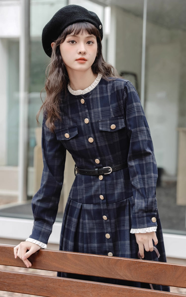 Academia Plaid Button Midi Dress (Navy)
