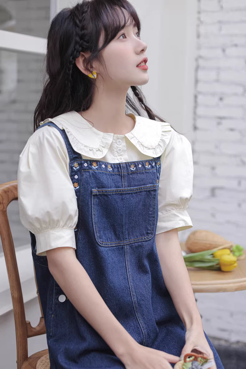 Flower Embroidered Mini Pinafore Dress (Dark Denim)