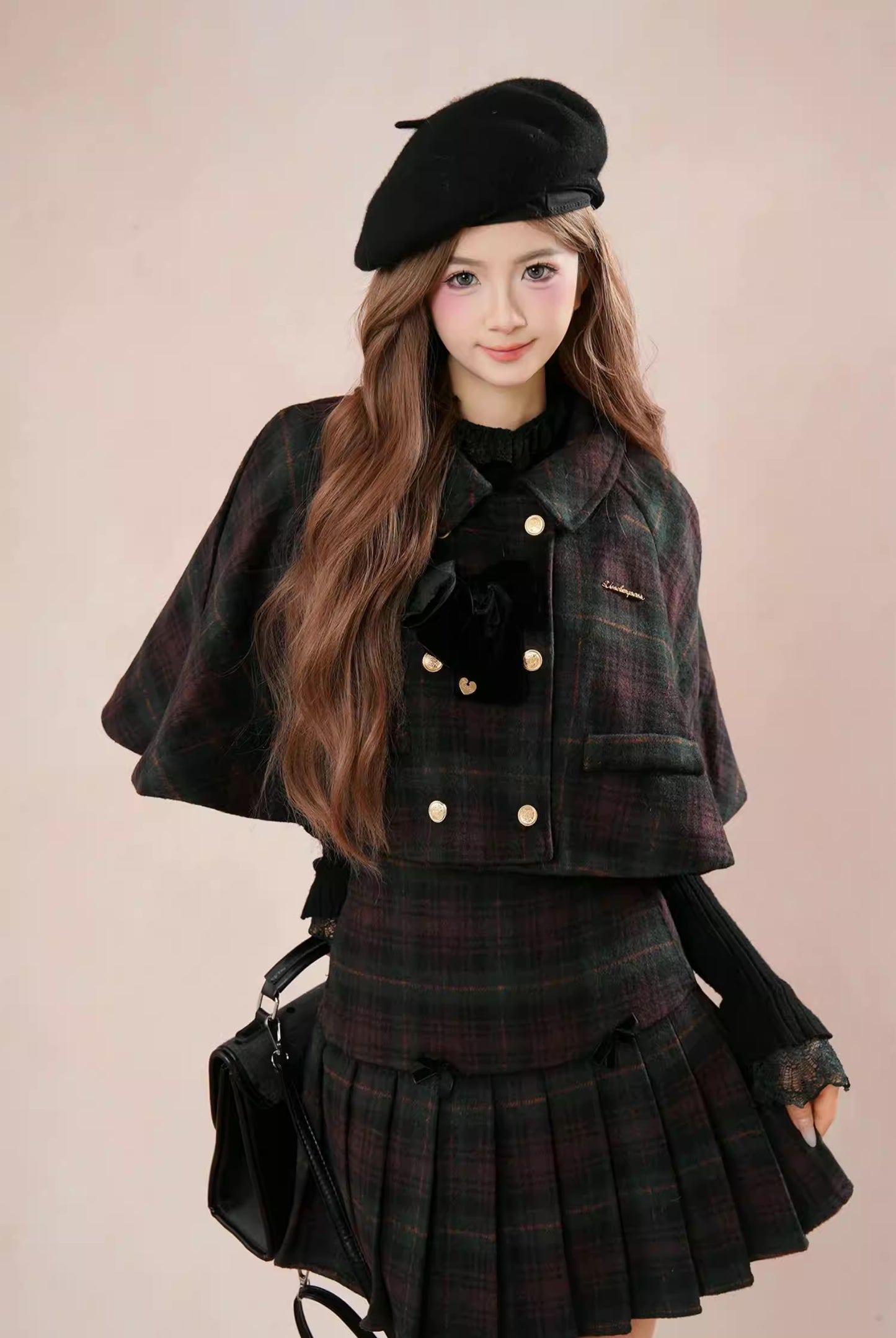 Black Forest Plaid Capelet & Mini Skirt Set (Green/Purple)