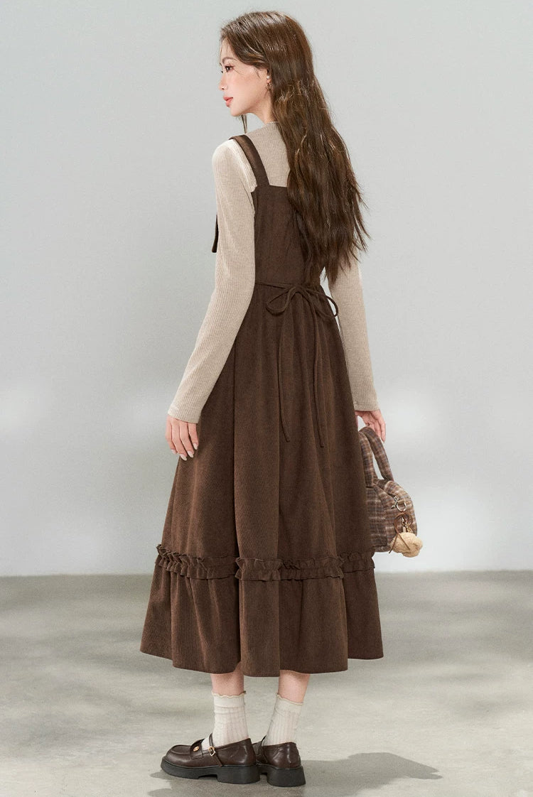Playful Buttons Twofer Midi Dress (Brown)