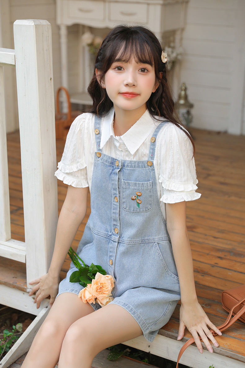 Button Up Poppy Short Overalls (Light Denim)