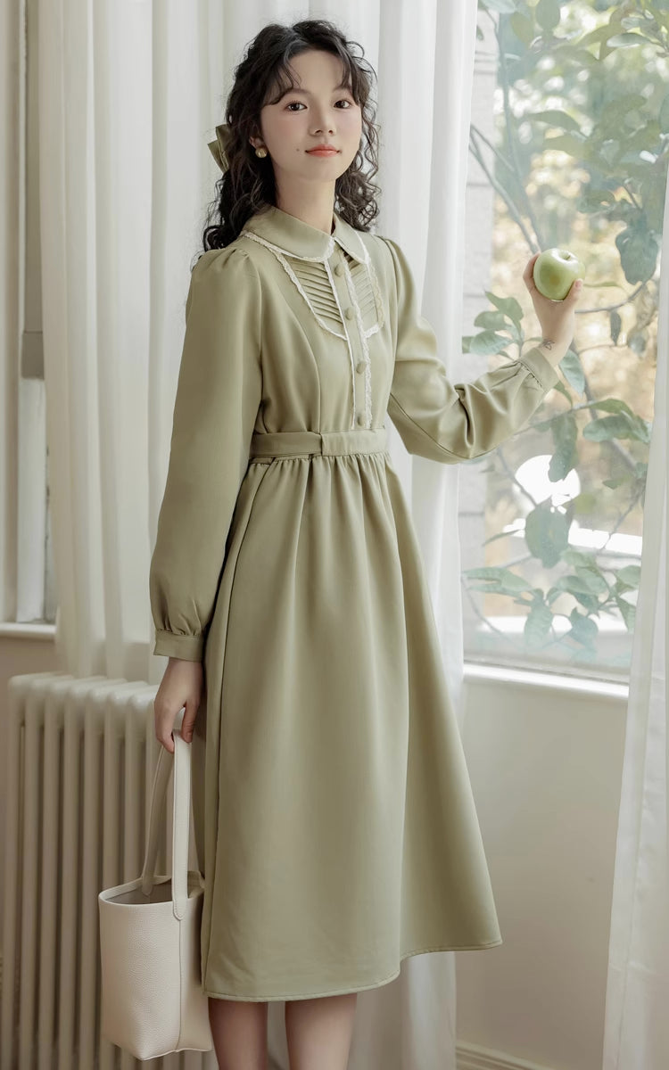 Sunday Tea Long Sleeve Midi Dress (Olive)