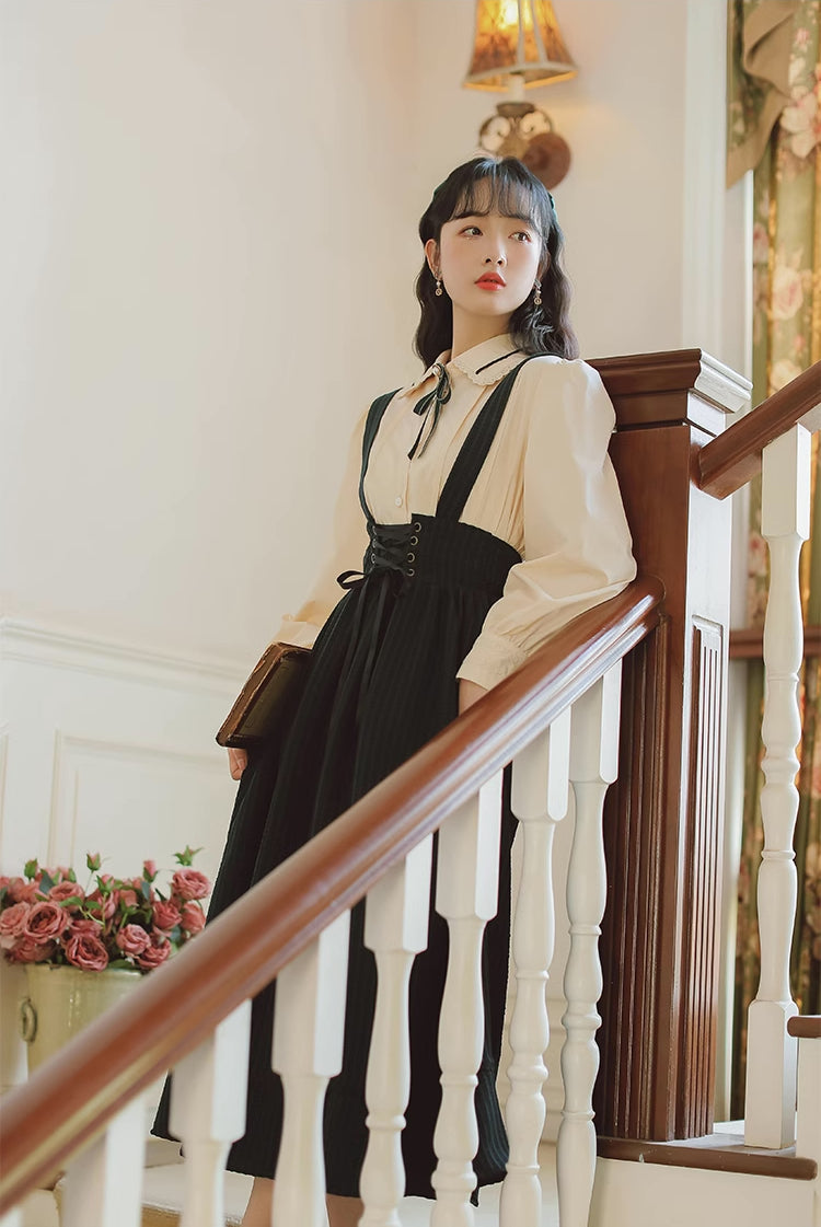 Long Sleeve Crepe Suspender Skirt Set (2 Colors)