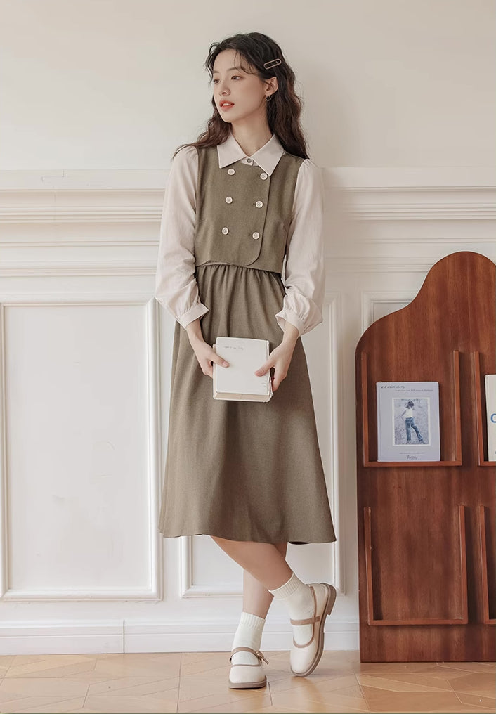 Double Breasted Twofer Midi Dress (Khaki)