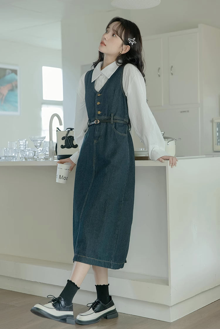 Denim Midi Pinafore (Dark Blue)