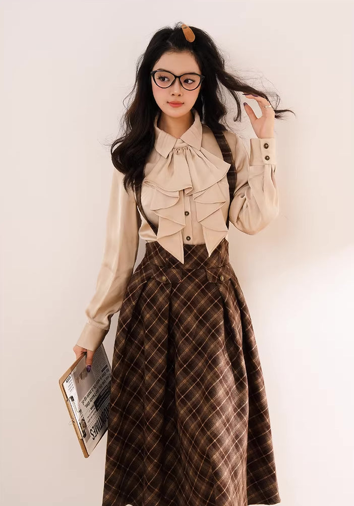 Newsgirl Plaid Suspender Skirt & Blouse Set (2 Colors)