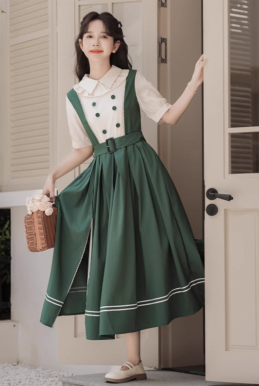 Lolita Short Sleeve Faux Layered Midi Dress (Green)