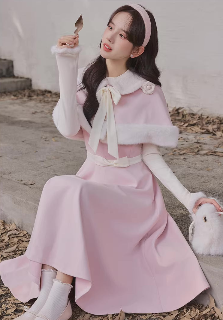 Cotton Candy Capelet & Midi Dress Set (Pink/White)