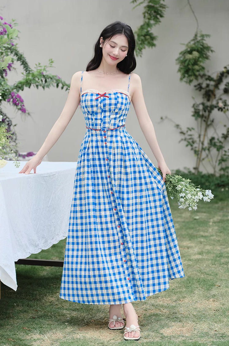 Vintage Gingham Floral Cami Dress (Blue)