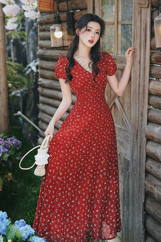 Ditsy Floral Maxi Dress (Red)