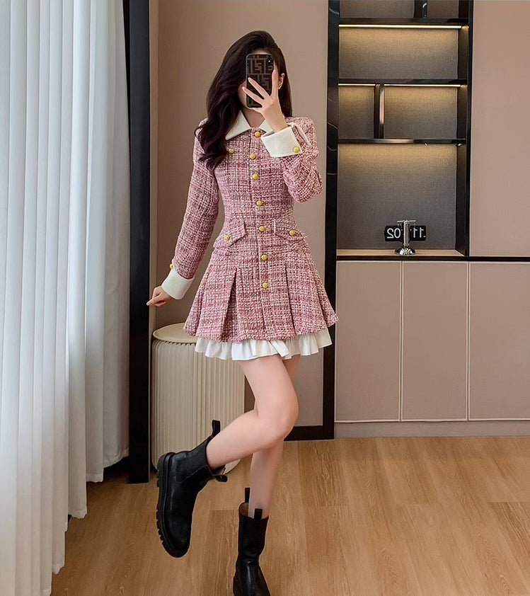 Flirty Plaid Tweed Mini Dress (Pink)