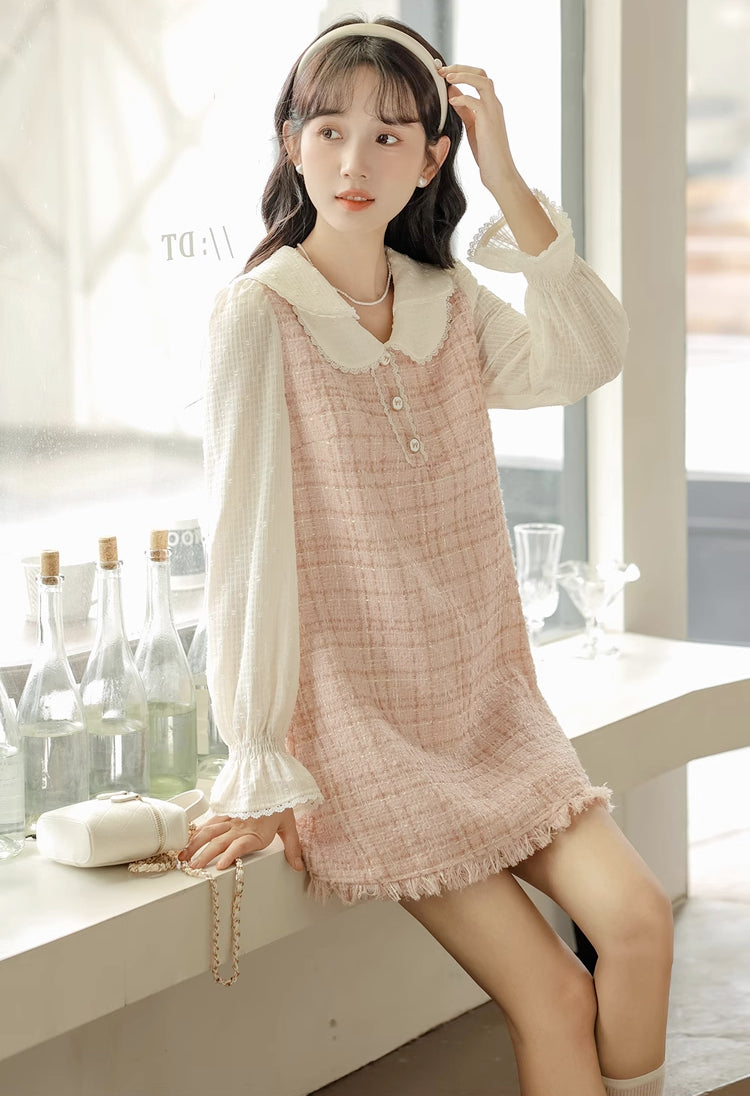 Tweed Plaid Mini Shift Dress (Pink)