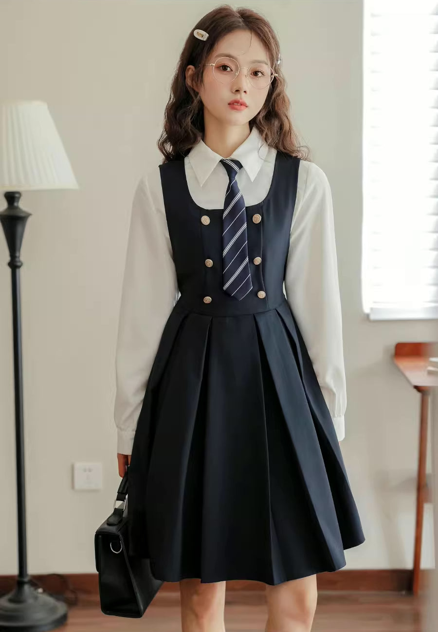 Double Breasted Mini Pinafore Set (Navy)