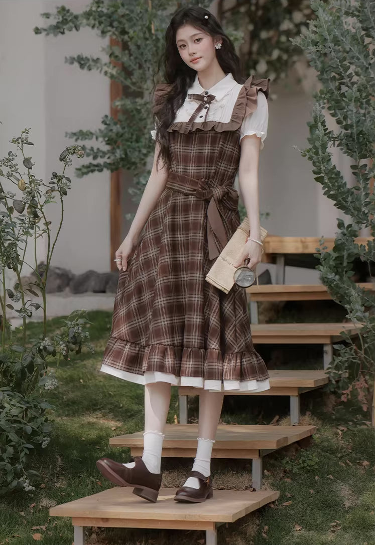 Hazel Plaid Flutter Twofer Midi Dress (Brown)
