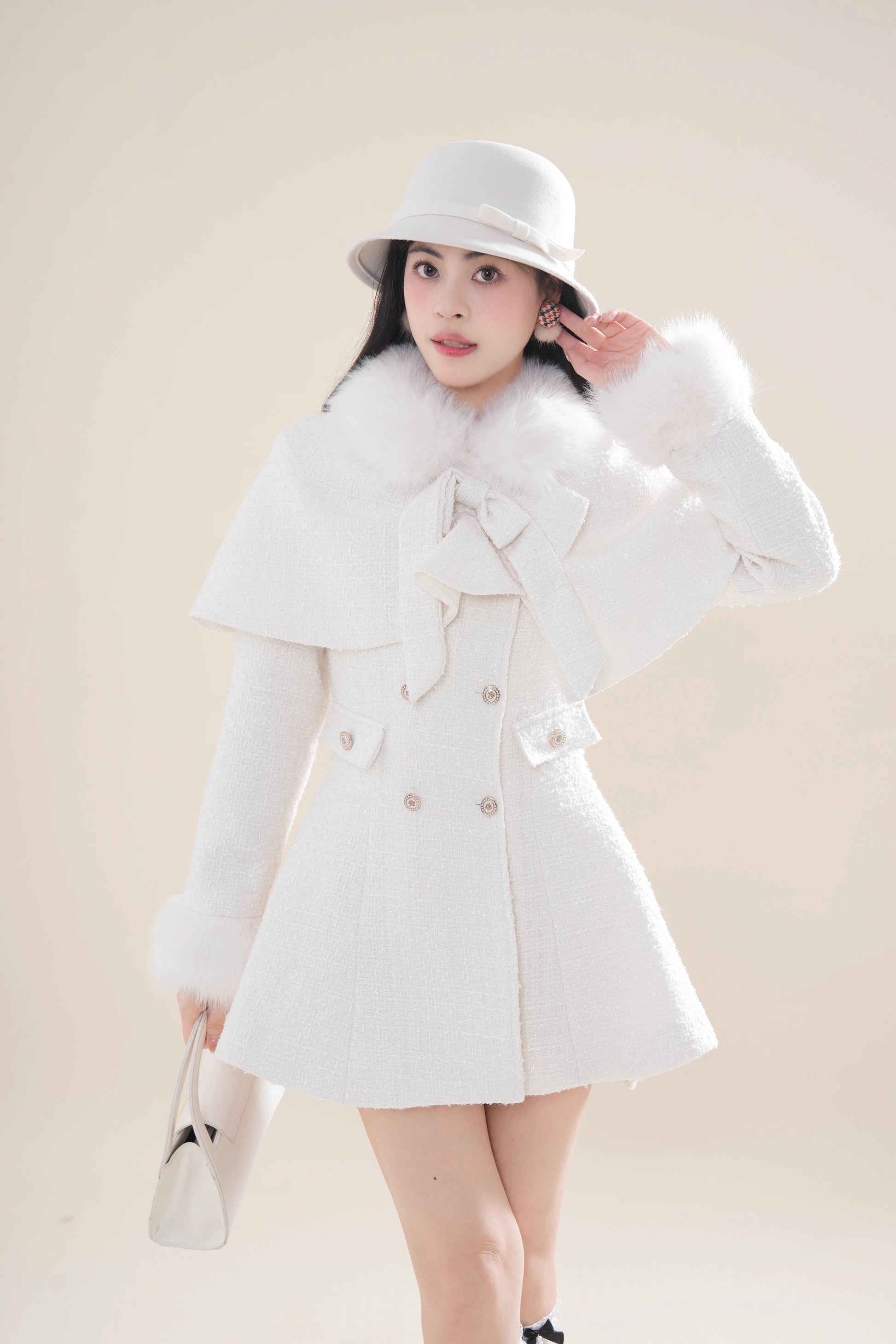 Snow Tweed Capelet Mini Coat Dress (White) Megoosta Fashion Snow Tweed Capelet Mini Coat Dress (White) Megoosta Fashion