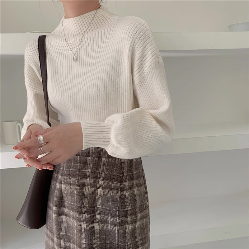 Balloon Sleeve Ribbed Sweater (4 Colors)