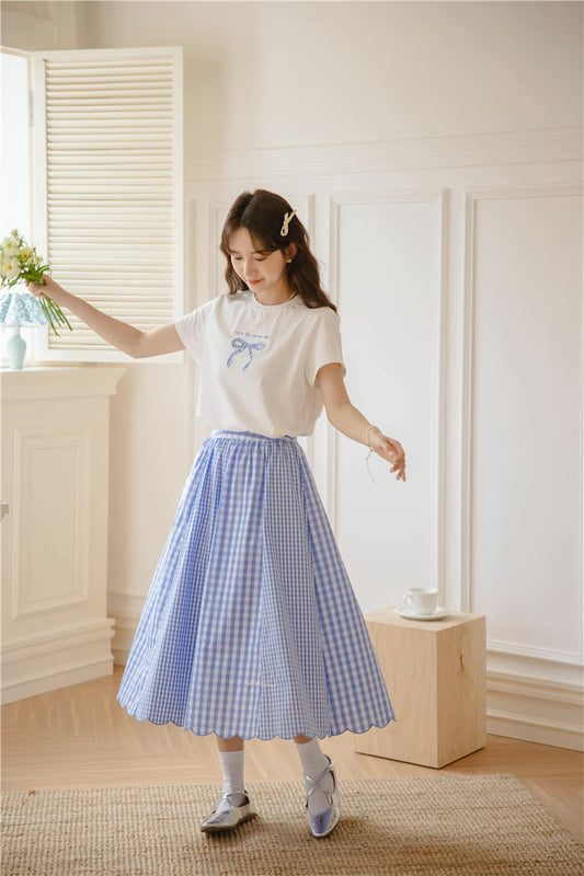 Gingham Scallop Midi Skirt (Blue)