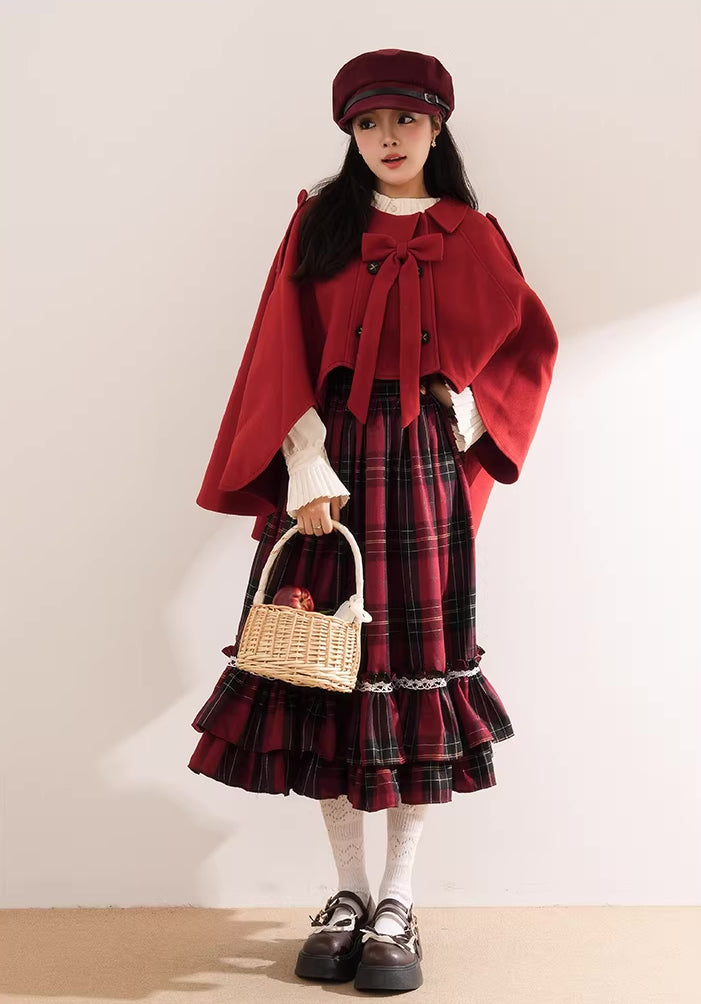 Red Riding Hood Plaid Midi Dress & Capelet (Red)