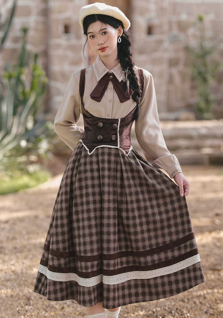 Mocca Plaid Suspender Skirt (Brown)