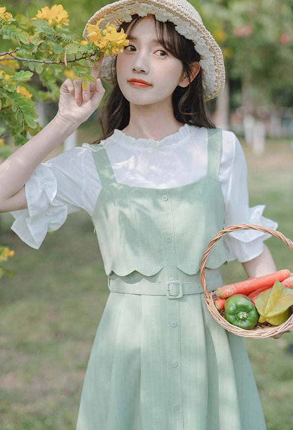 Button Stripe Midi Dress (Green)