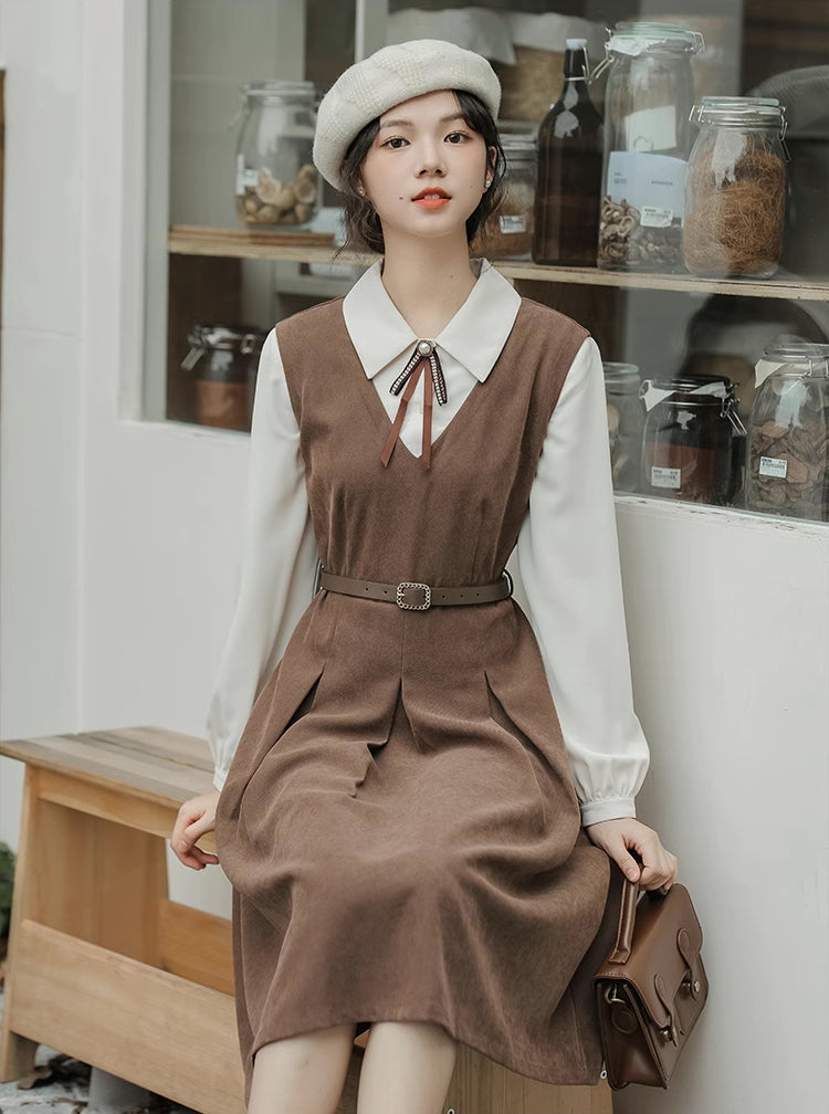 Basic Twofer Pinafore Dress (Brown)