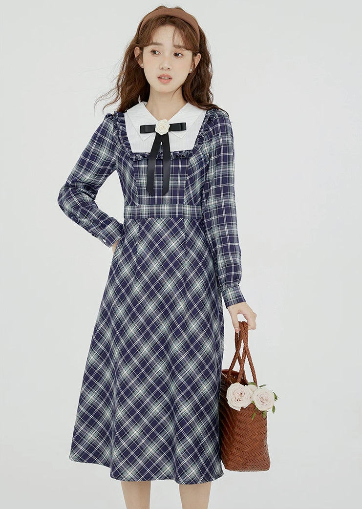 Uni Plaid Midi Dress (Navy)