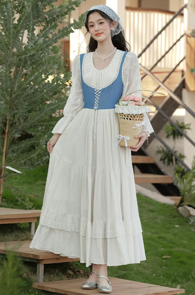 Belle Twofer Corset Peasant Maxi Dress (White/Blue)