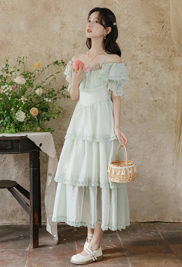 Garden Fairy Tiered Cold Shoulder Midi Dress (Mint Green)
