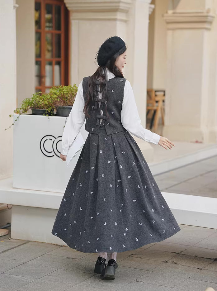 Preppy Bows Vest & Skirt Set (Grey)