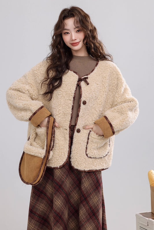 Round Neck Teddy Jacket (Khaki)