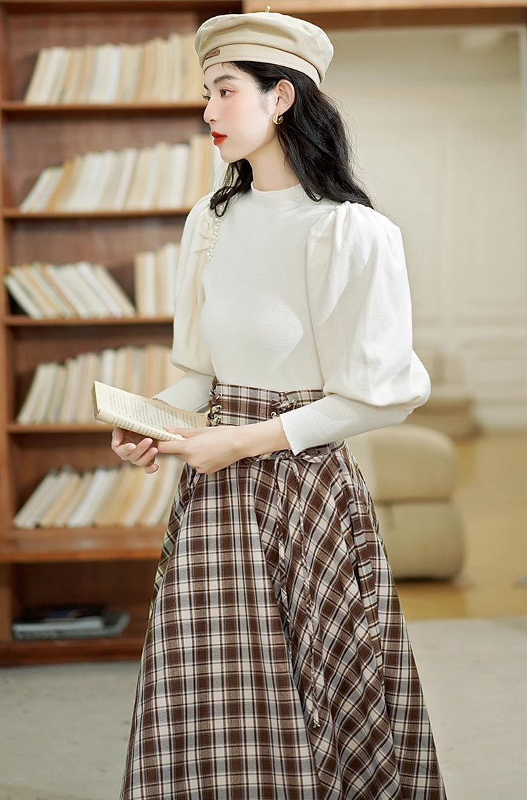 Choco Plaid Midi Skirt (Brown)