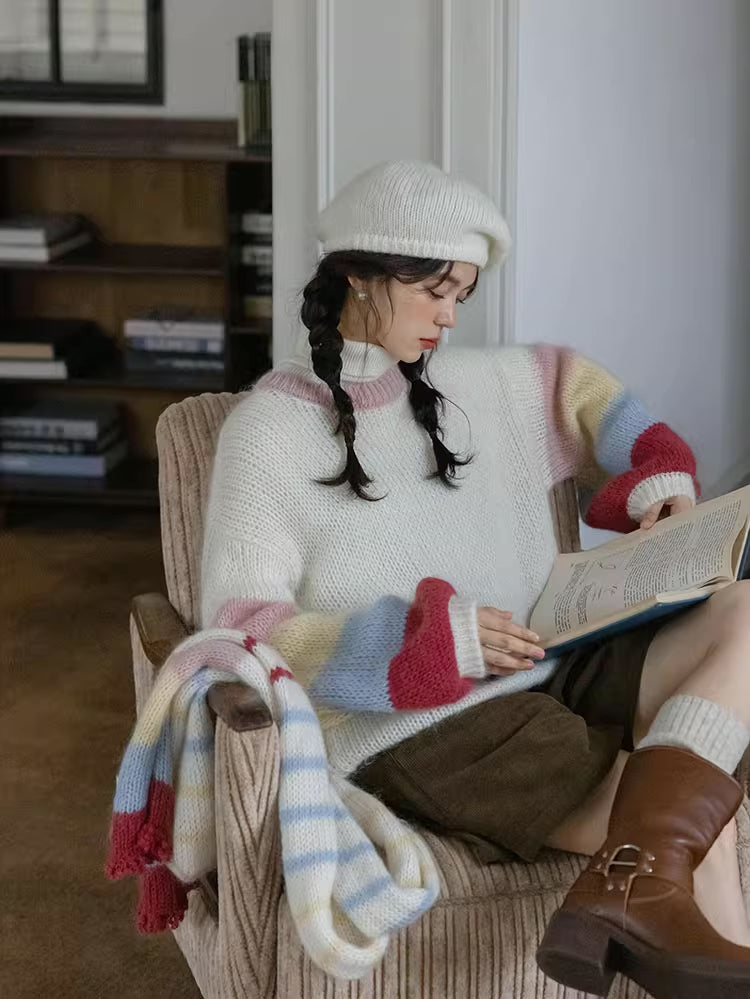 Rainbow Stripe Sleeves Sweater (White)