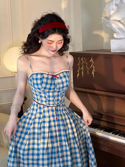 Vintage Gingham Floral Cami Dress (Blue)