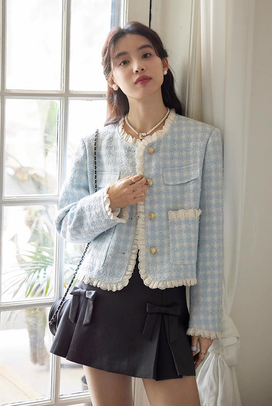 Gingham Lace Trim Tweed Jacket (Blue)