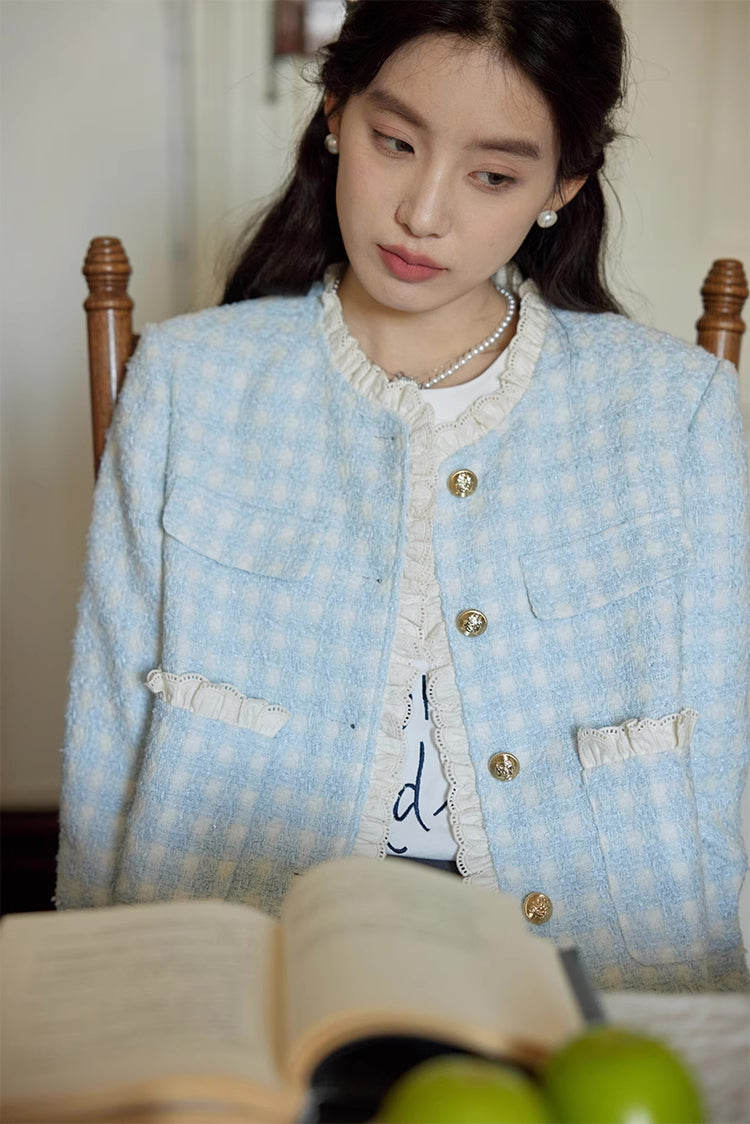 Gingham Lace Trim Tweed Jacket (Blue)