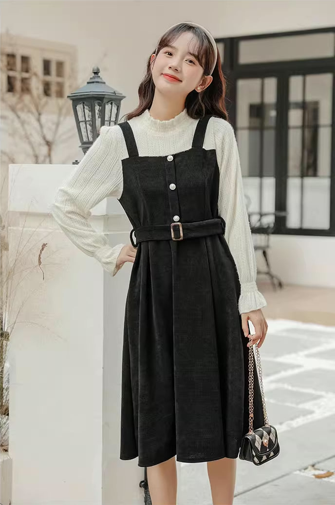 Corduroy Knit Belted Twofer Midi Dress (2 Colors)