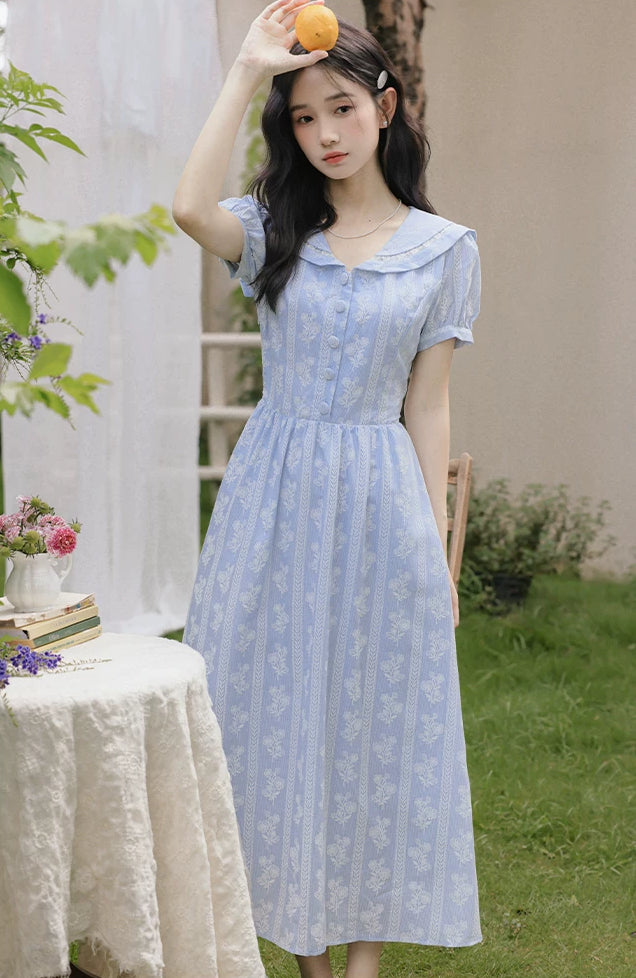 Floral Stripe Midi Dress (Blue)