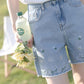 Dancing Flowers Embroidered Shorts (Light Denim)
