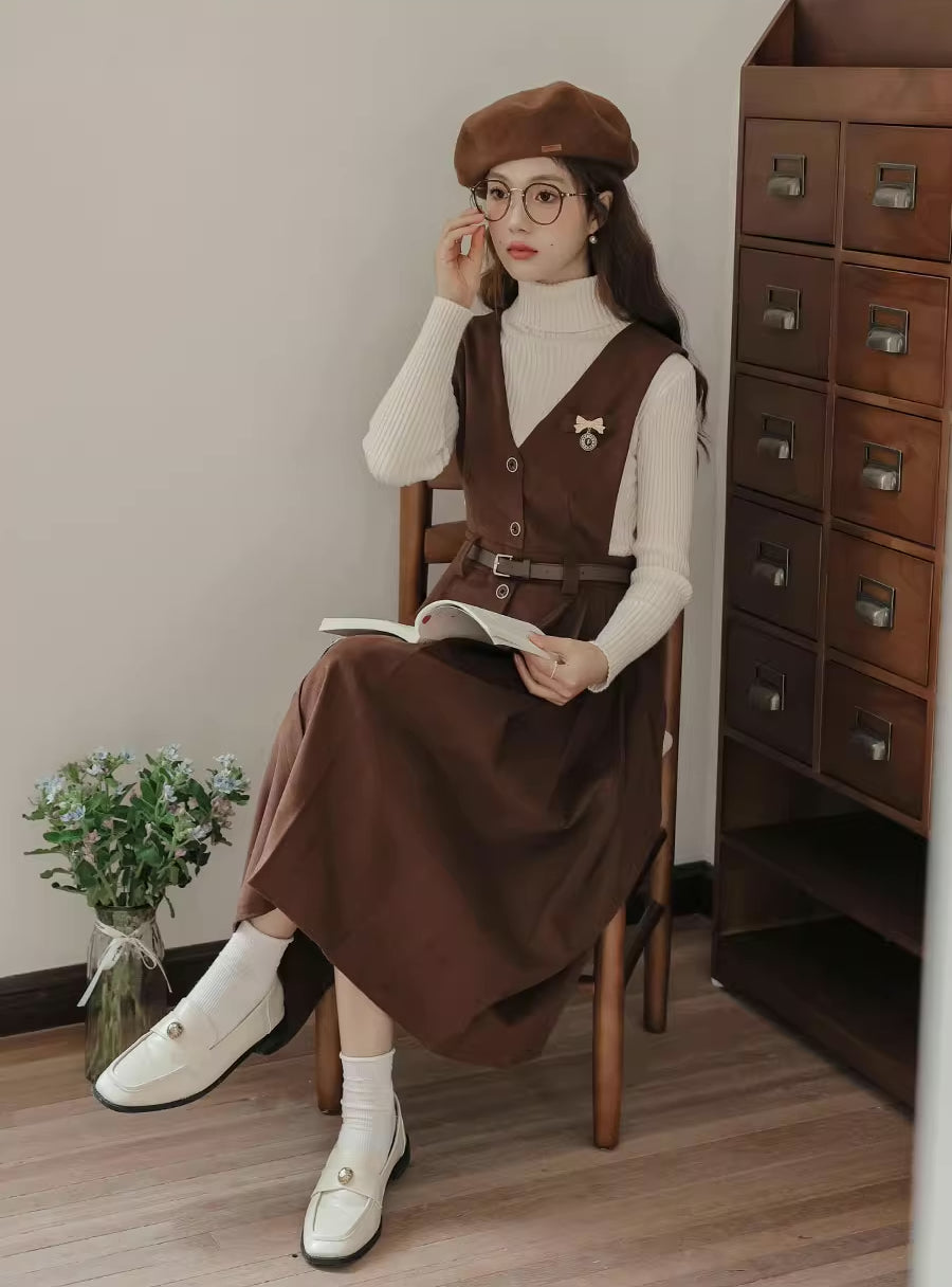 Corduroy Button Pleated Midi Pinafore (2 Colors)