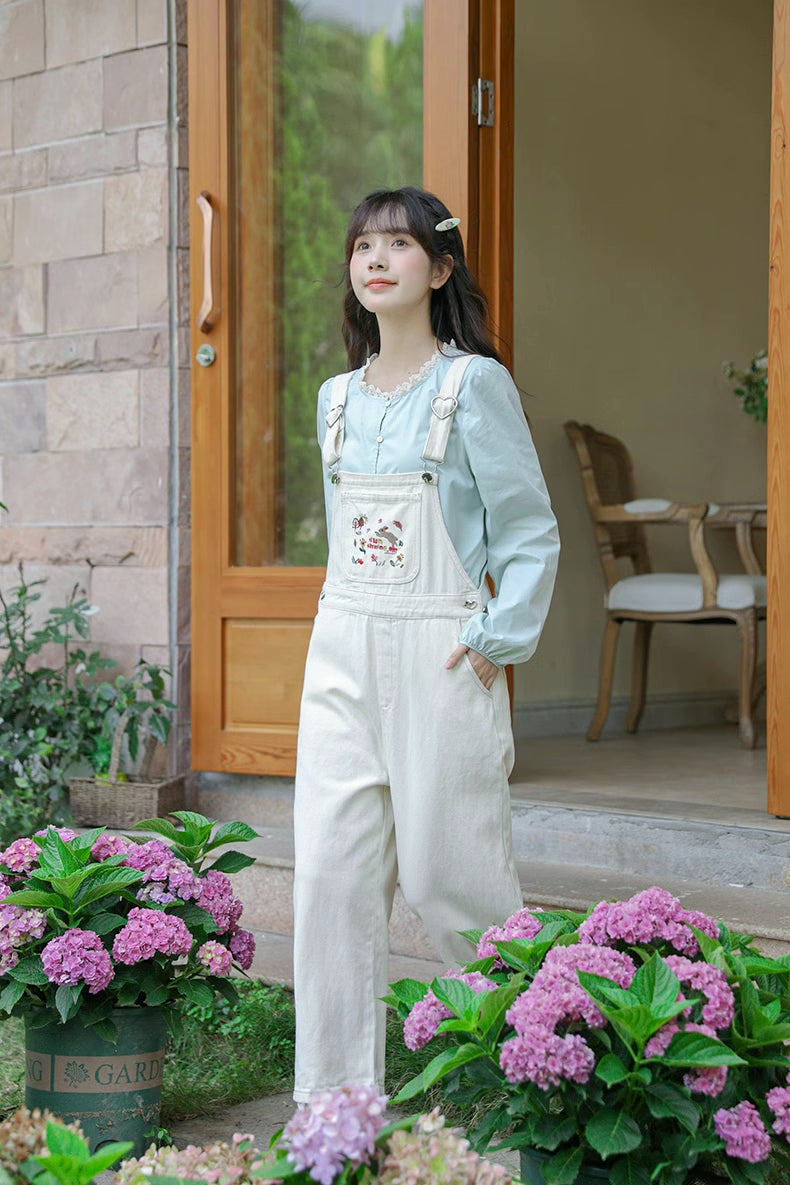 Sun Shining Embroidered Overalls (White)