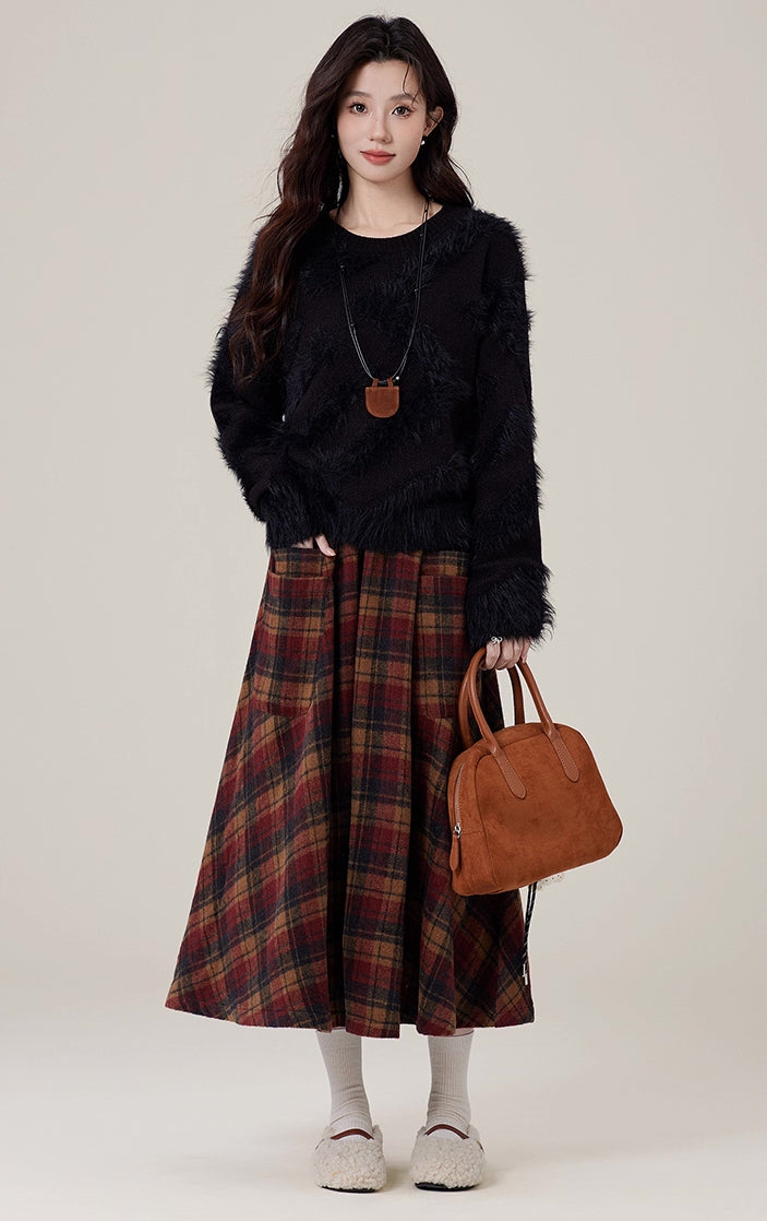 Bookshop Plaid Midi Skirt (Red/Khaki)