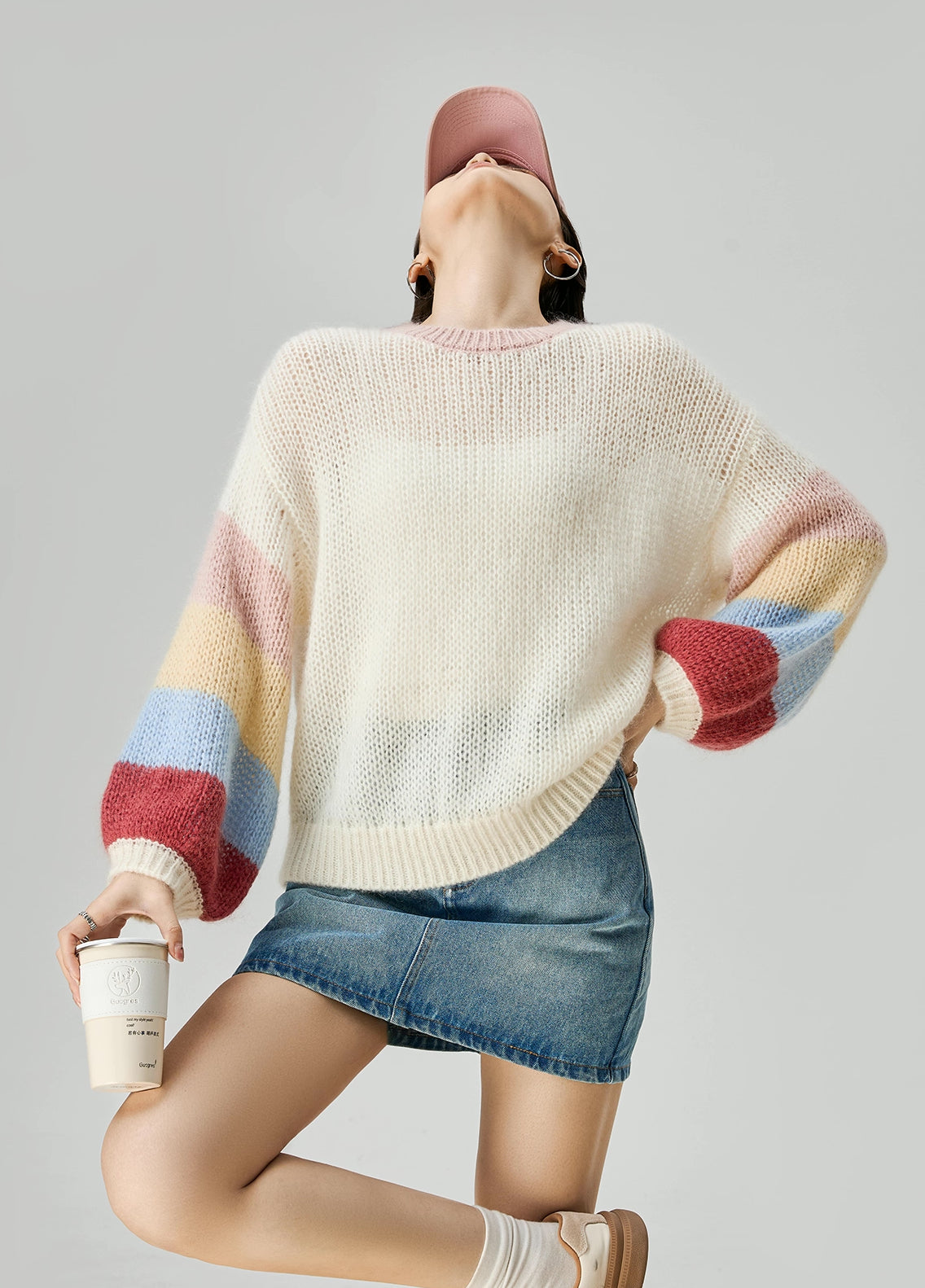 Rainbow Stripe Sleeves Sweater (White)
