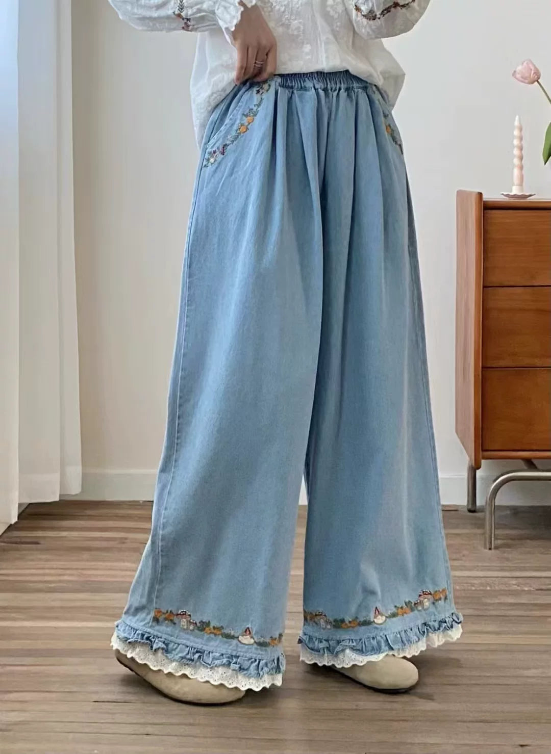 Forest Floor Embroidered Denim Pants (2 Colors)